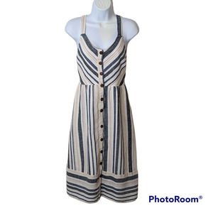 Universal Thread Blue Tan White Striped Button Front Linen Dress Size S